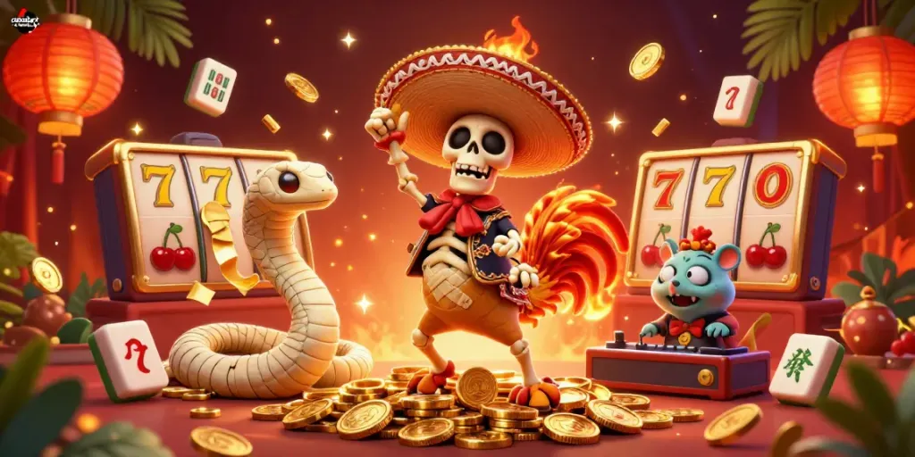 Engage with cosmobet casino in a vibrant, animated scene showcasing festive characters celebrating on golden coins.