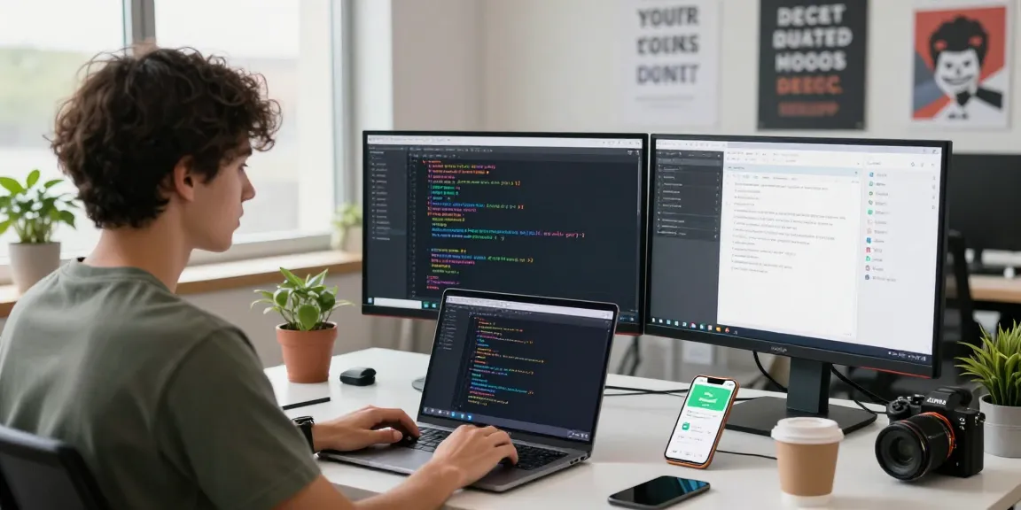 Developer coding WhatsApp下載 features in a bright modern office workspace.
