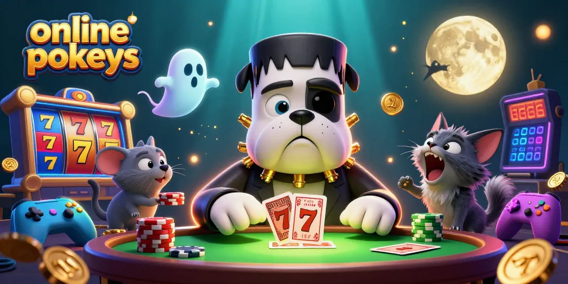 Engage with online pokies while a cartoon bulldog deals cards at a spooky table.