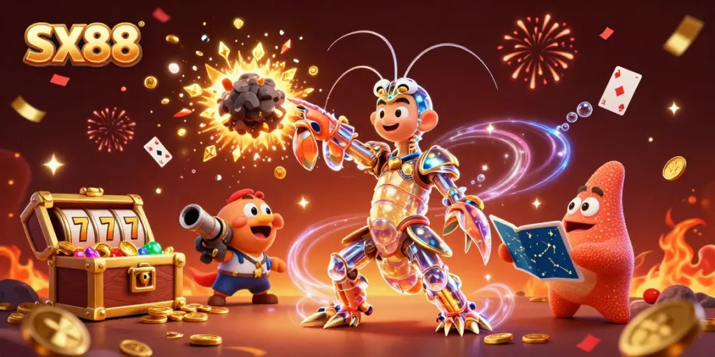 SX88 showcases a galactic samurai mantis shrimp in a dynamic casino-themed underwater explosion of gold coins and slot machines.