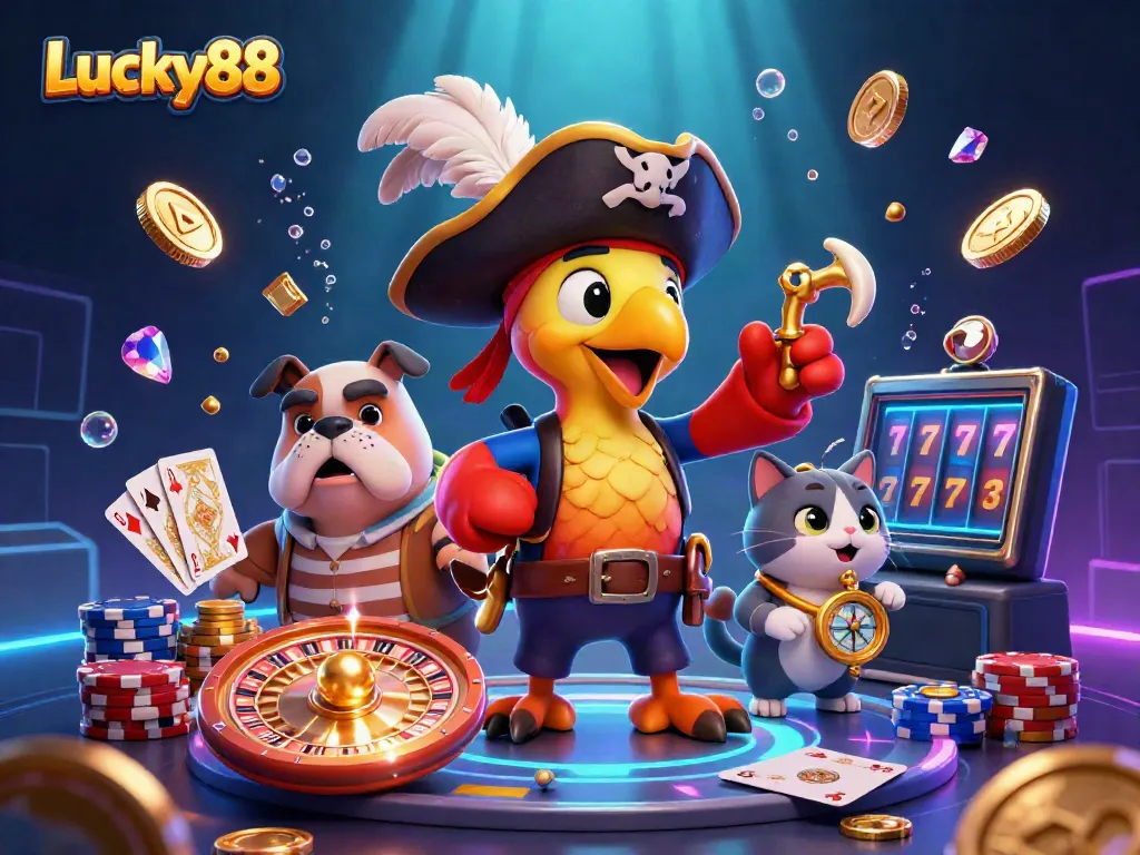 Experience the exciting world of Lucky88 with treasures, gaming elements, and lively characters.
