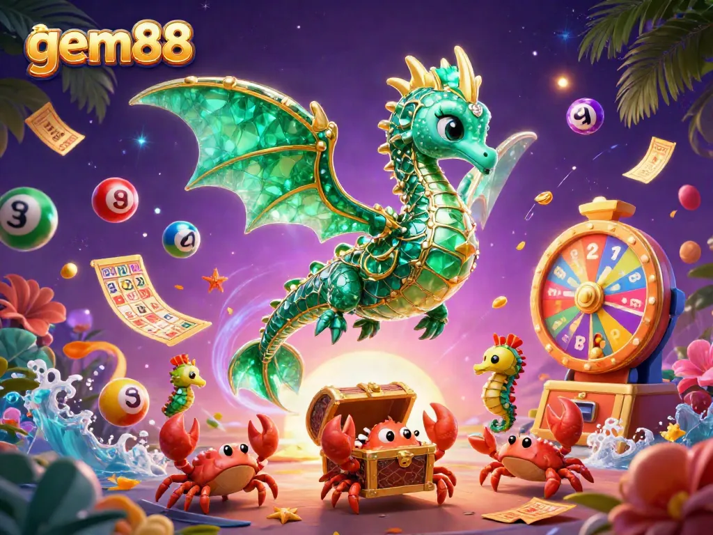 Experience thrilling winnings at gem88 with dynamic lottery elements and colorful prizes surrounded by treasure.