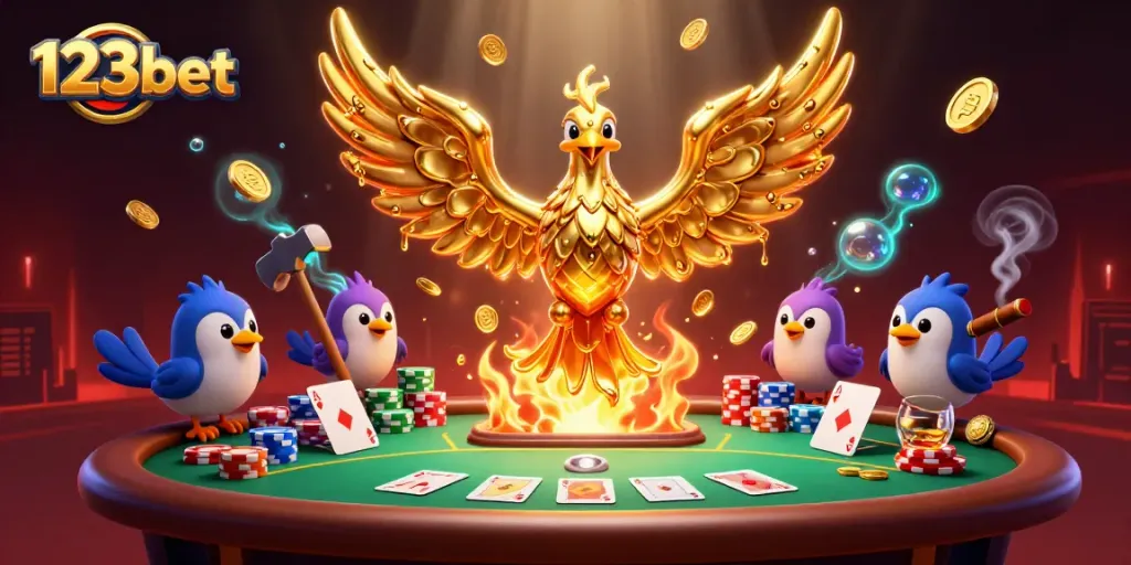 Experience thrilling gameplay with 123bet's golden phoenix rising in a vibrant casino scene.