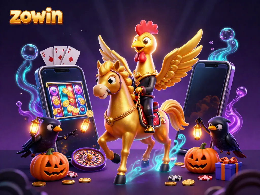 Zowin's dynamic casino scene with a golden rooster, spectral horse, and vibrant gaming elements.