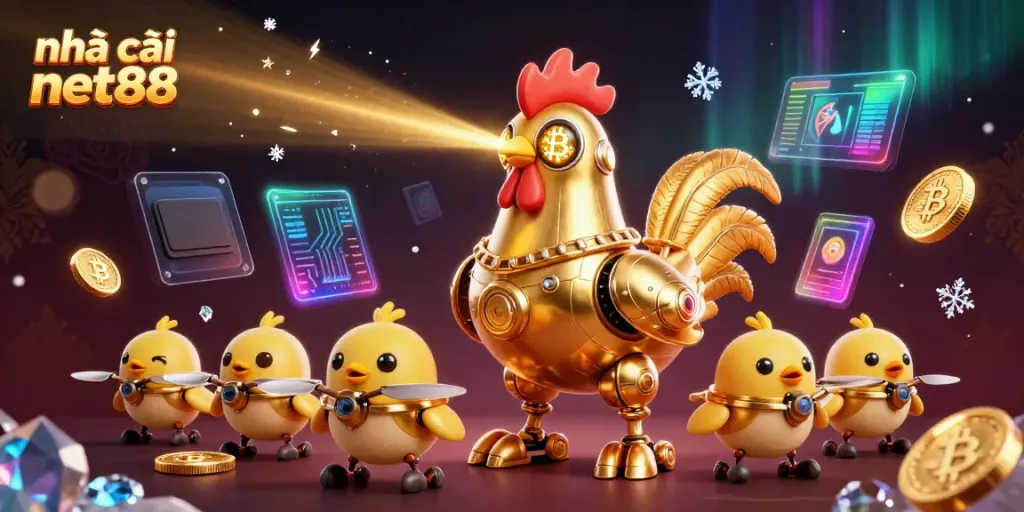 Experience thrilling betting action with nhà cái net88 featuring a golden robotic rooster and crypto elements.