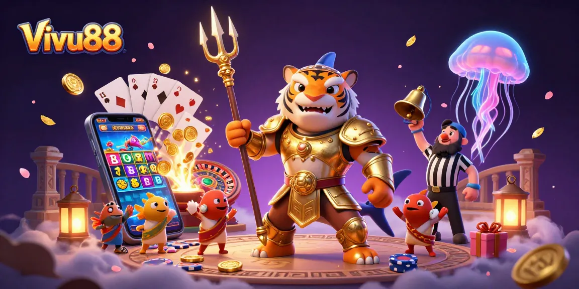 Experience the thrill of Vivu88 with a tiger shark gladiator amidst vibrant casino elements.