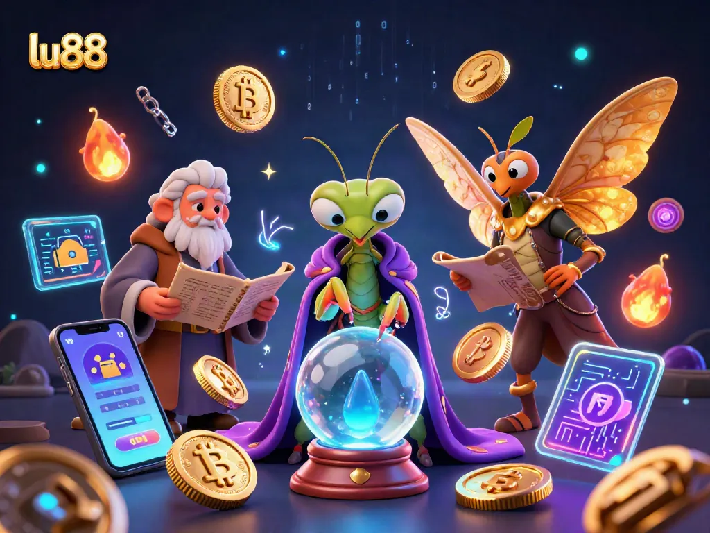 Bet big and win with lu88 in a vibrant 3D casino scene featuring fortune tellers and crypto elements.