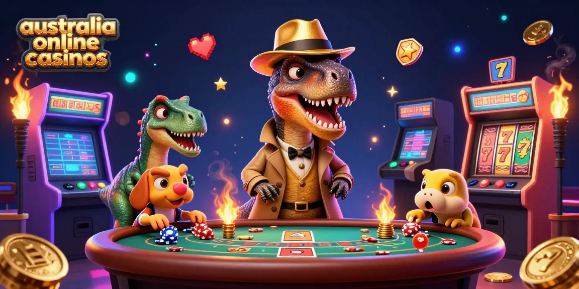 Engage with australia online casinos through a vibrant scene showcasing a velociraptor card counter amidst dynamic gaming elements.