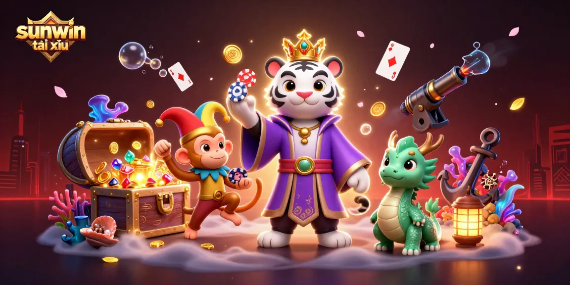 Join the excitement of sunwin tài xỉu with a vibrant illustration featuring playful characters and dynamic game elements.