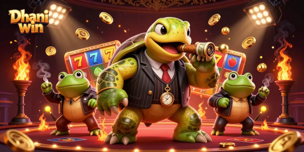Dhani win showcases a lively casino scene with a turtle in a pinstripe suit and slot reels, enticing players to engage and win.
