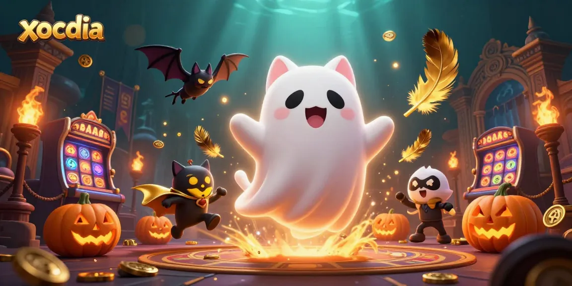 Experience thrilling xocdia action with a friendly ghost cat and vampire bat in a haunted casino.