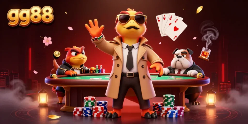 Experience exciting poker action with gg88 at a vibrant casino scene featuring cartoon raptors.