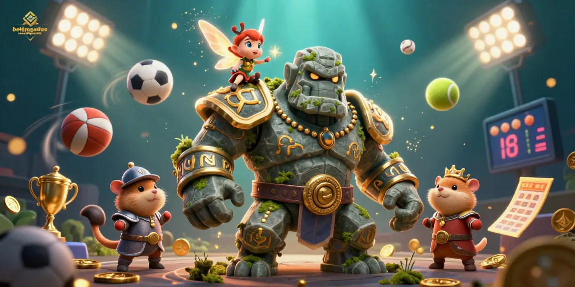 Engage with bettingsitesnotongamstop in an animated scene featuring a stone golem, fairy, and hamster knight surrounded by dynamic sports elements.
