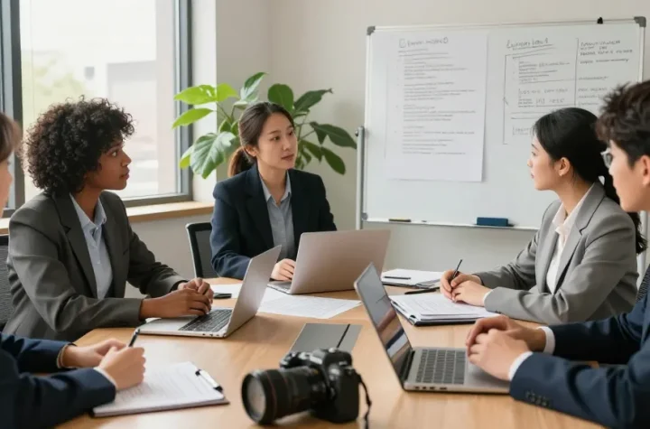An engaging article about legal strategies in a professional setting with lawyers collaborating on cases.
