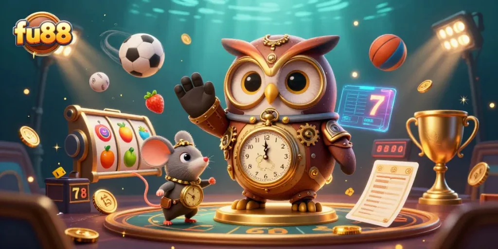 Experience dynamic gameplay with fu88's vibrant slot reels and gaming elements in a stunning 3D illustration.