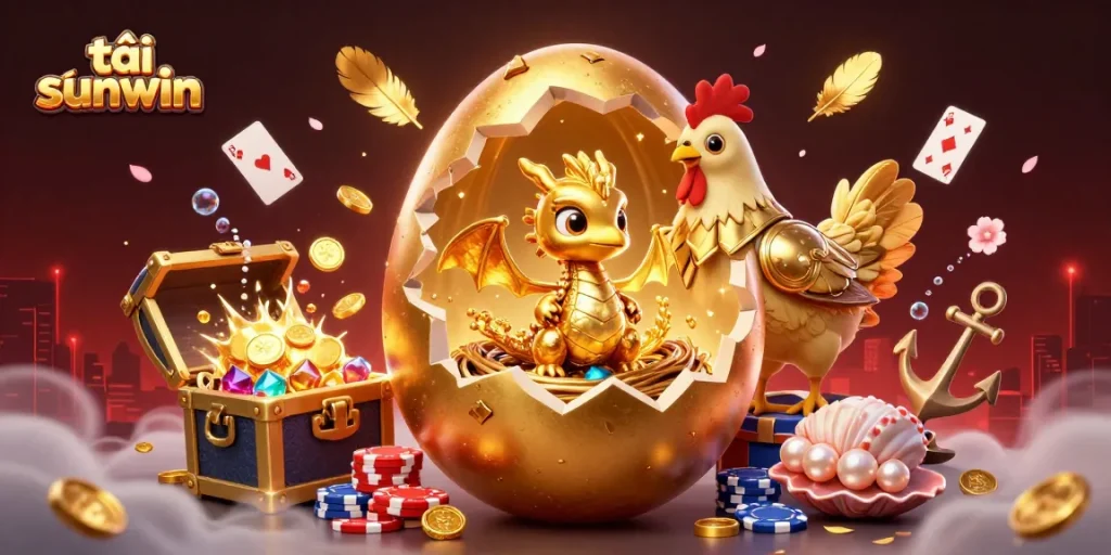 Experience the thrill of tải sunwin with this vibrant 3D illustration featuring a golden dragon among poker chips.