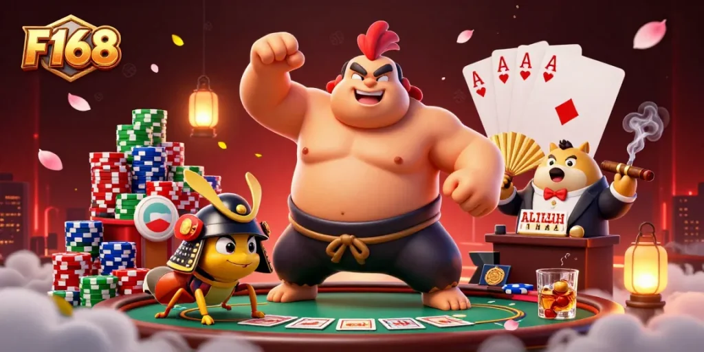 Engage in thrilling poker action at F168 with vibrant characters and rich casino elements.