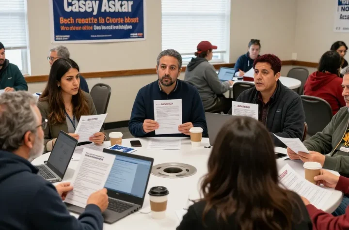 Voters discussing Casey Askar's controversial past in a community center.