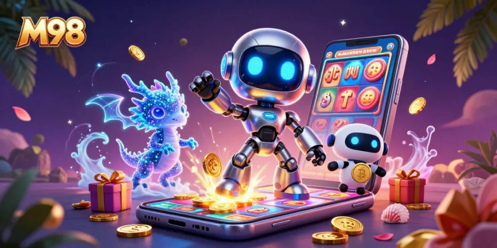 M98 slot games excitement illustrated by a cyberpunk robot mascot with bitcoin, vibrant gaming elements