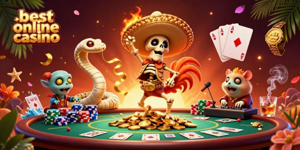 Engaging scene of a dynamic 3D skeleton mariachi rooster celebrating a win at the best online casino.