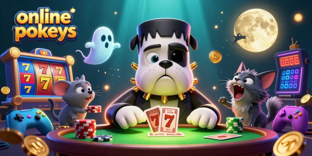 Engage with online pokies while a cartoon bulldog deals cards at a spooky table.
