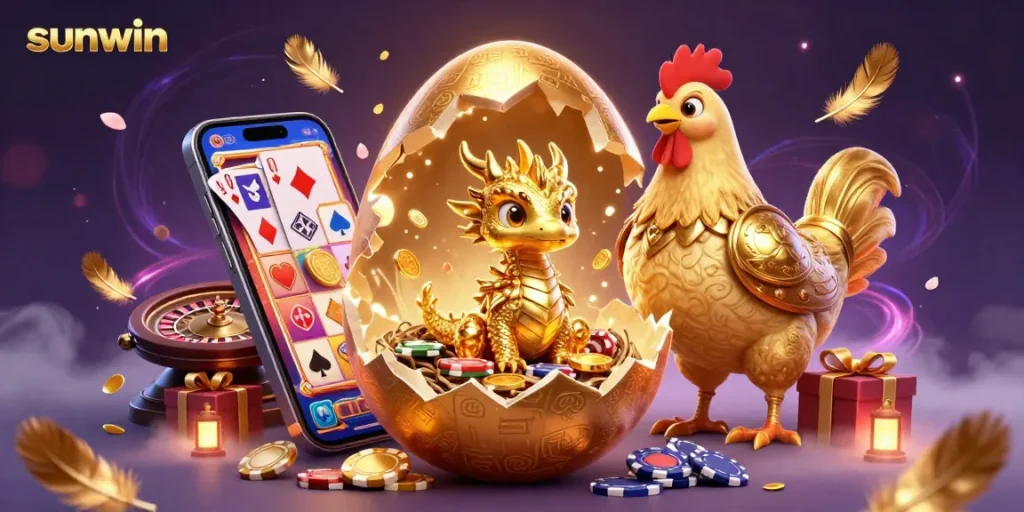 Experience sunwin's thrilling world with golden dragon and poker chips artwork.