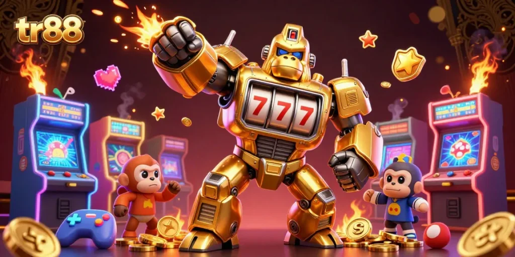 Experience thrilling winnings with tr88's golden gorilla mech in an exciting 3D casino adventure.